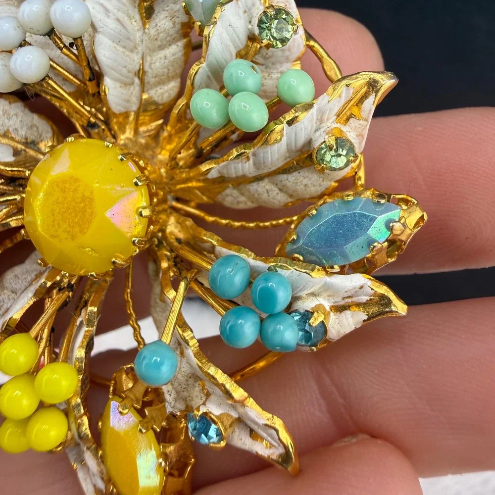 Vintage Rhinestone Flower Brooch Multicolor Enamel Gold Tone
